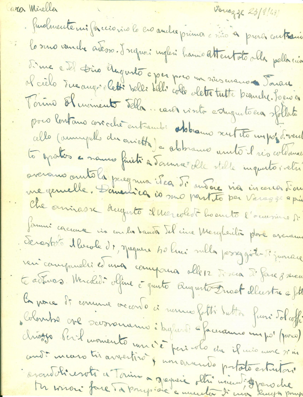 Documento originale, autentico 1943 TORINO WW2 Piero RIGOLA assiste ai bombardamenti inglesi Lettera 1