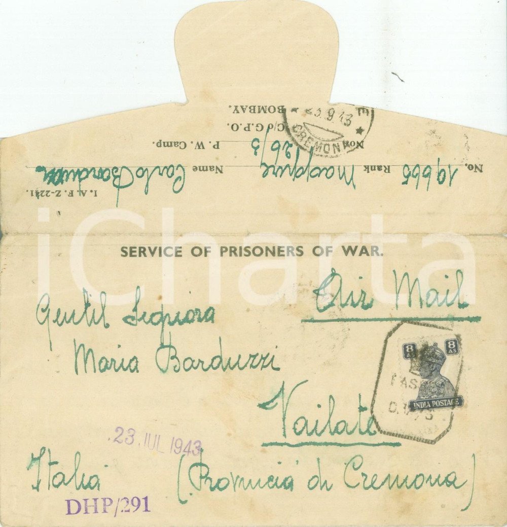 Documento originale, autentico 1943 BOMBAY INDIA WW2 Carlo BARDUZZI prigioniero di guerra alla famiglia 1