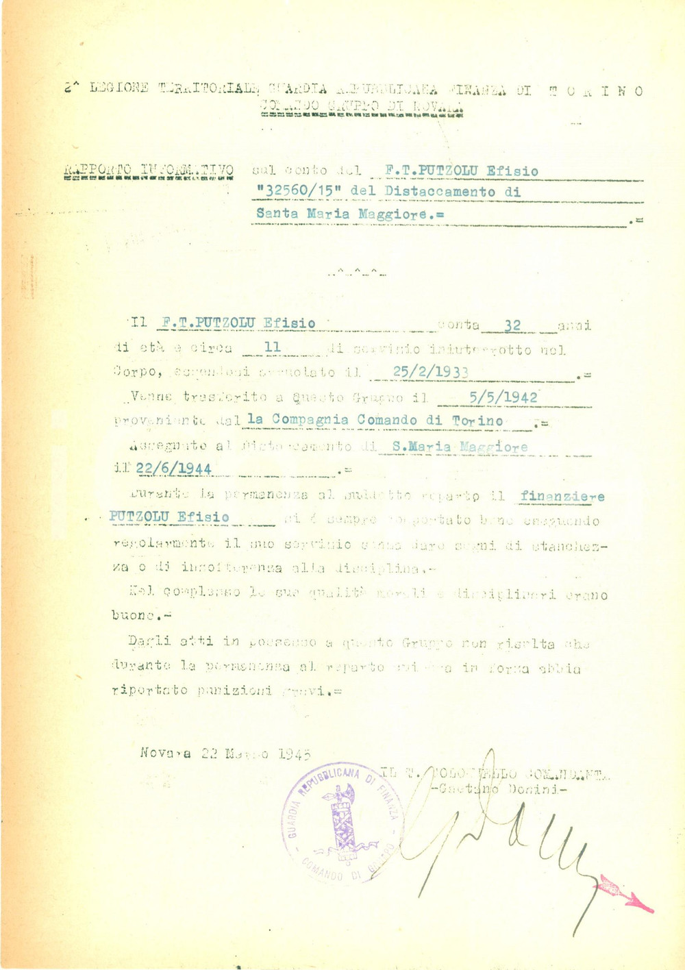 Documento originale, autentico 1945 NOVARA WW2 RSI Soldato Efisio PUTZOLU sempre stato ligio alla disciplina 1