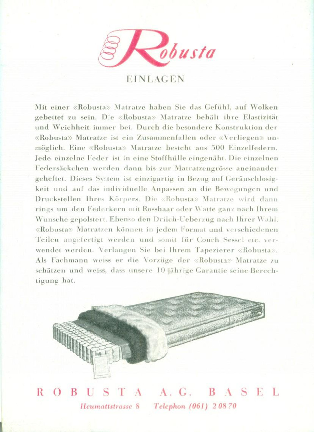 Materiale pubblicitario d’epoca 1955 ca BASEL SWITZERLAND Materasso ROBUSTA con sacchi di piume VOLANTINO 1
