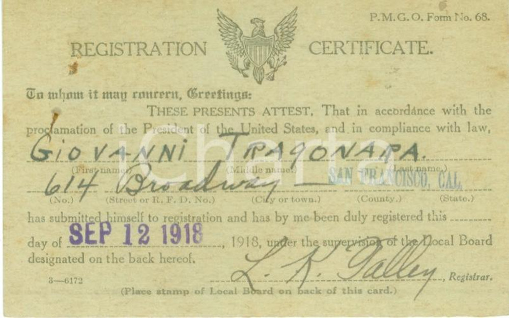 Oggetto da collezione cartaceo 1918 SAN FRANCISCO, CALIFORNIA USA Registrazione immigrato Giovanni TRAGONARA 1