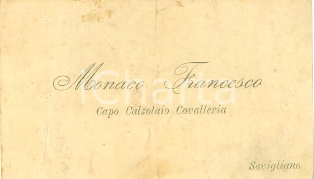 Documento originale, autentico 1930 ca SAVIGLIANO CN Francesco MONACO Capo Calzolaio Cavalleria Biglietto 1