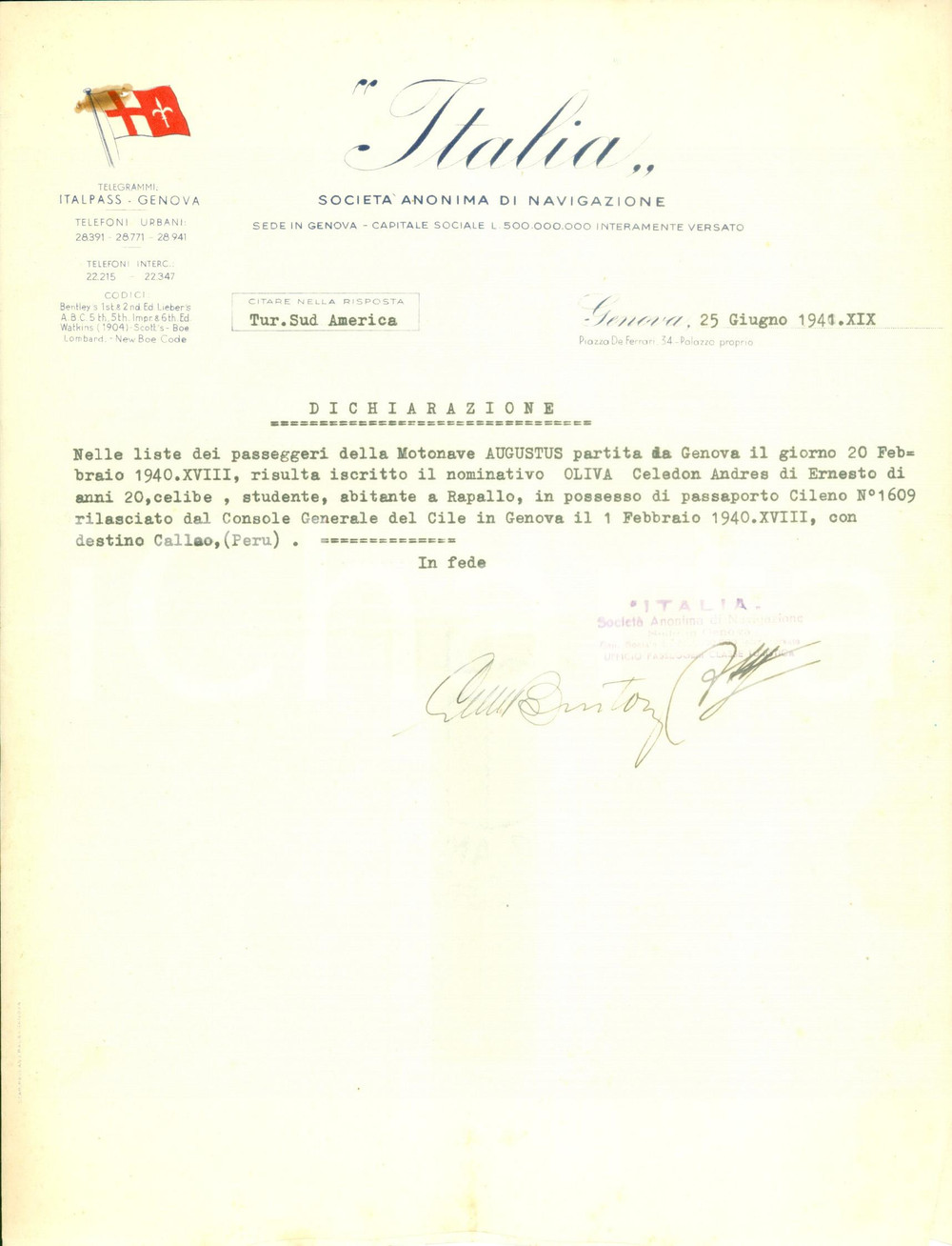 Documento originale, autentico 1941 GENOVA WW2 Andres CELEDON OLIVA di RAPALLO parte su motonave AUGUSTUS 1