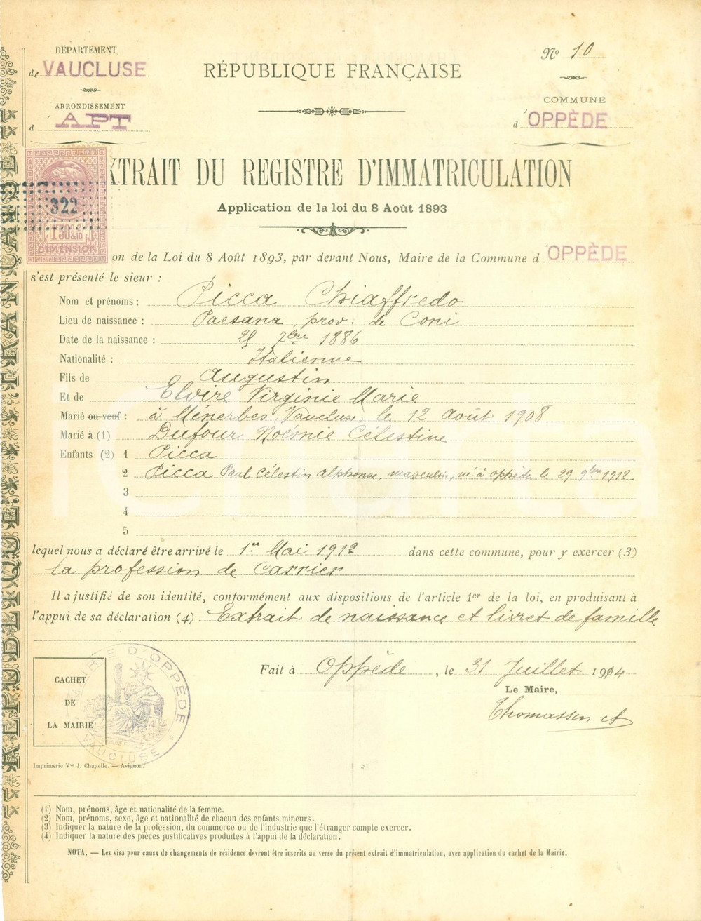 Documento originale, autentico 1916 OPPEDE FRANCIA Chiaffredo PICCA di PAESANA lavora come minatore 1