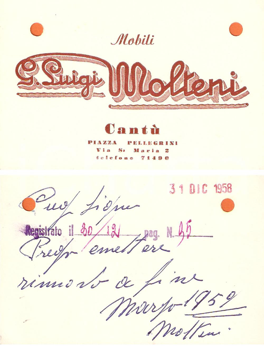 Oggetto da collezione cartaceo 1958 CANTU  CO Mobili Gian Luigi MOLTENI Biglietto da visita 1