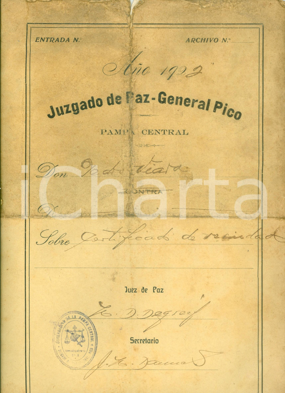 1922 PAMPA CENTRAL (ARGENTINA) Pedro VIARA contadino di buona condotta Documento