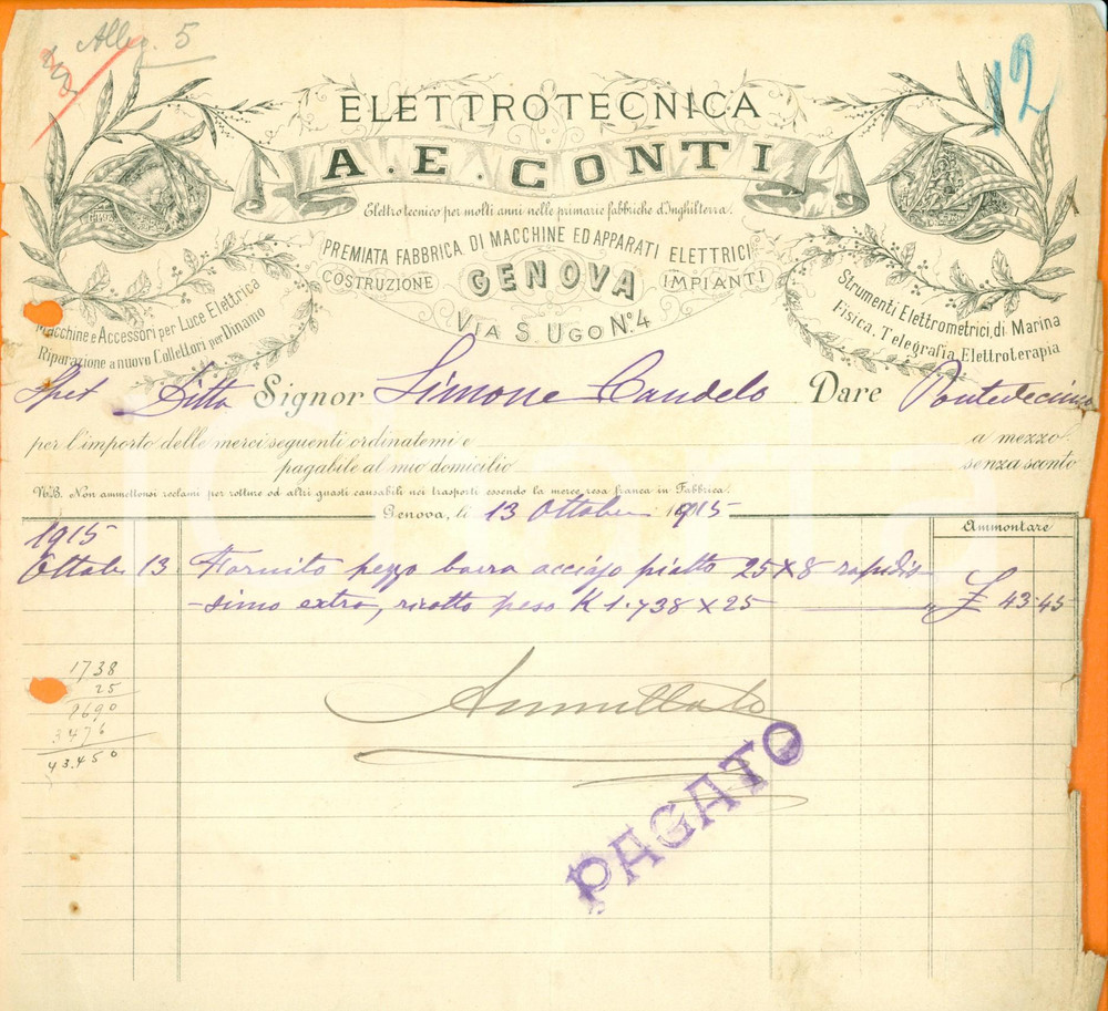 Documento originale, autentico 1915 GENOVA Elettrotecnica A.E. CONTI macchine apparati elettrici Fattura 1