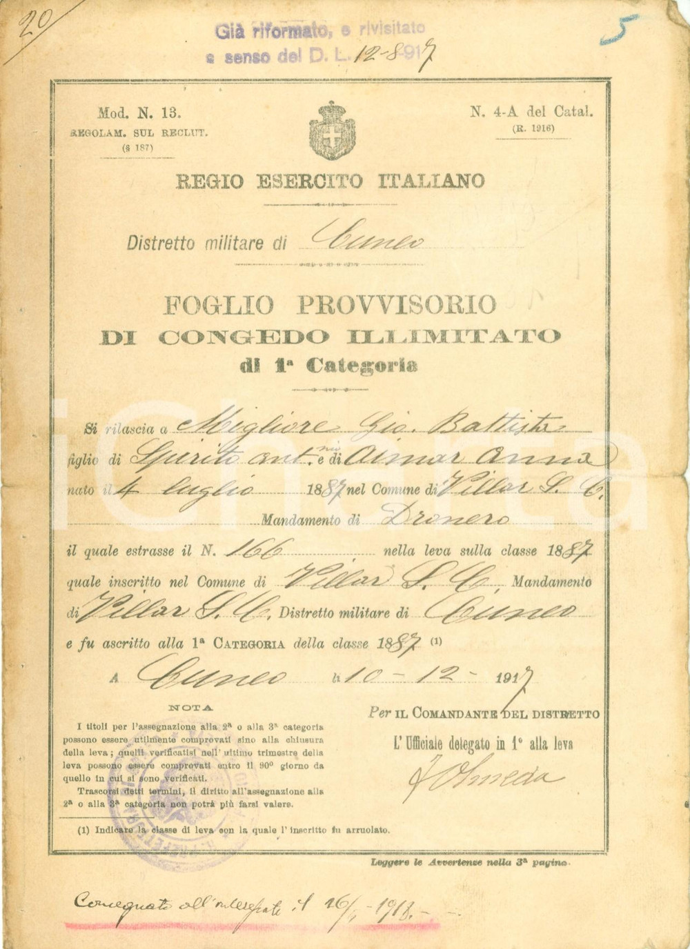 Documento originale, autentico 1917 VILLAR SAN COSTANZO CN WW1 Congedo illimitato Giovanni Battista MIGLIORE 1