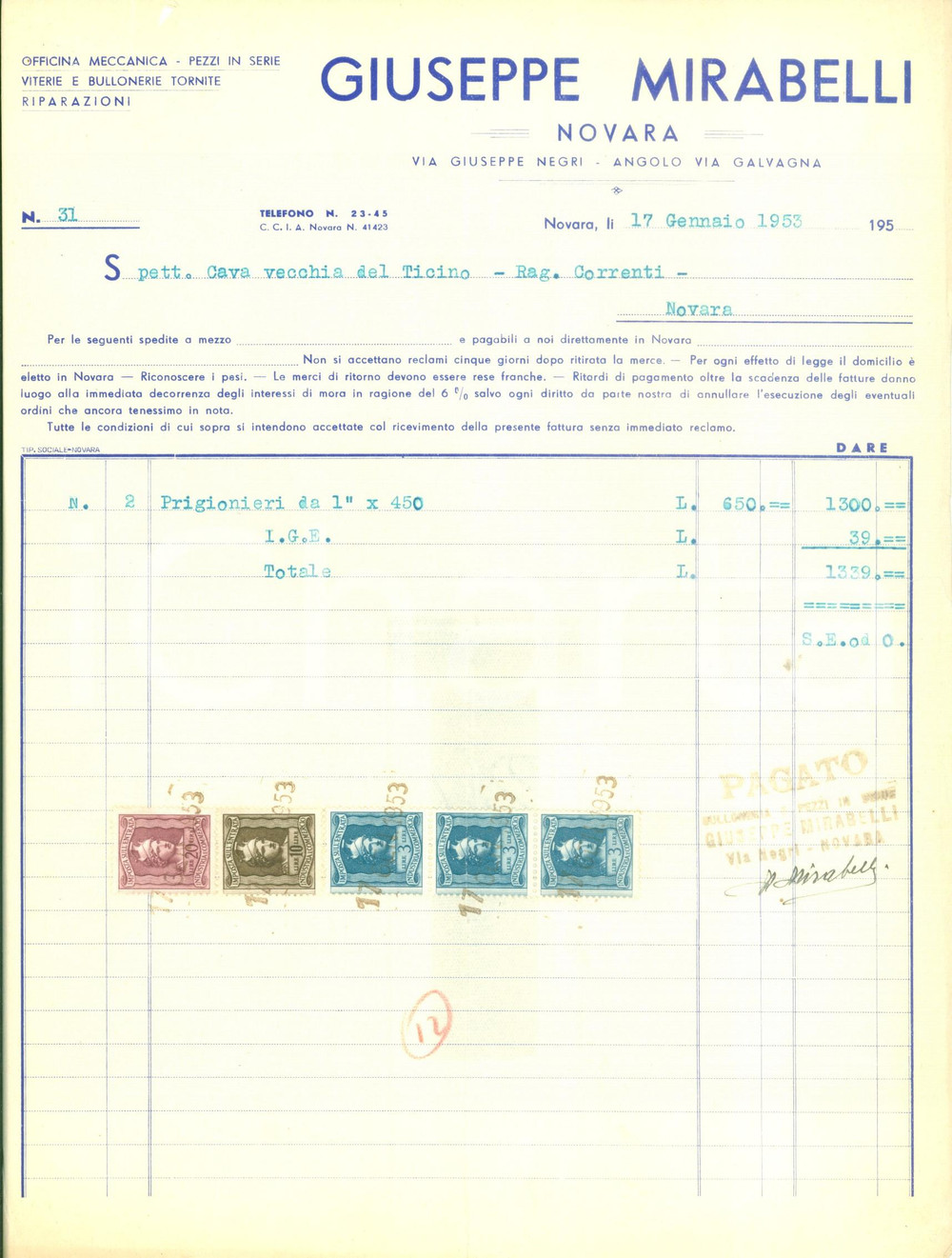 Documento originale, autentico 1953 NOVARA Officina meccanica Giuseppe MIRABELLI viterie bulloni Fattura 1