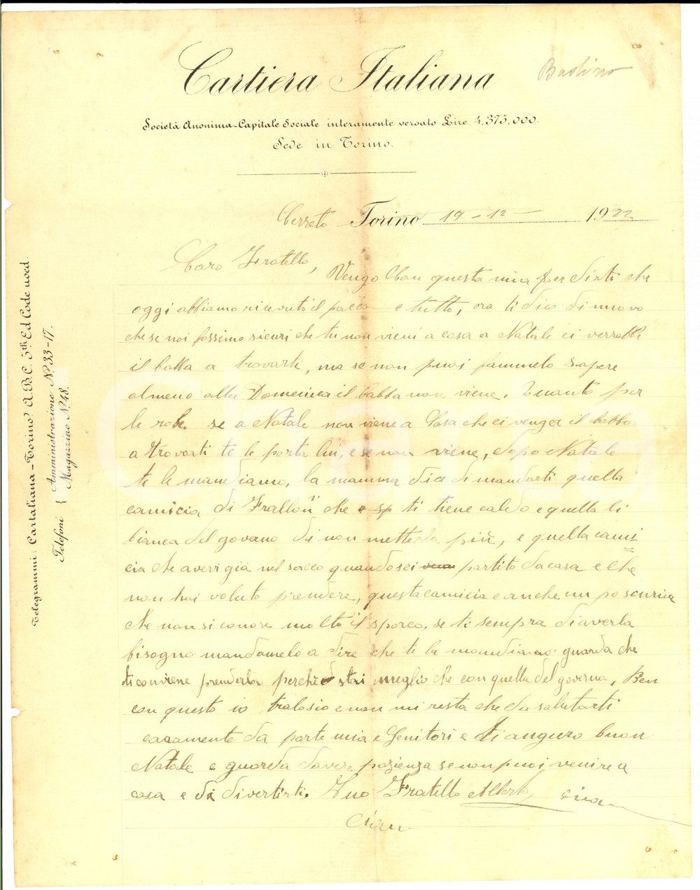 Manoscritto, lettera originale 1922 CERRETO D ASTI Meglio la nostra camicia di quella del governo Lettera 1