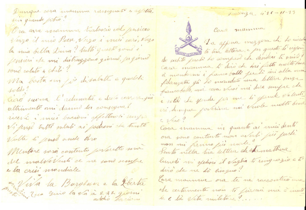 Manoscritto, lettera originale 1933 PIACENZA 4Â° Artiglieria  Soldati rompono la spina dorsale a un tenente 1