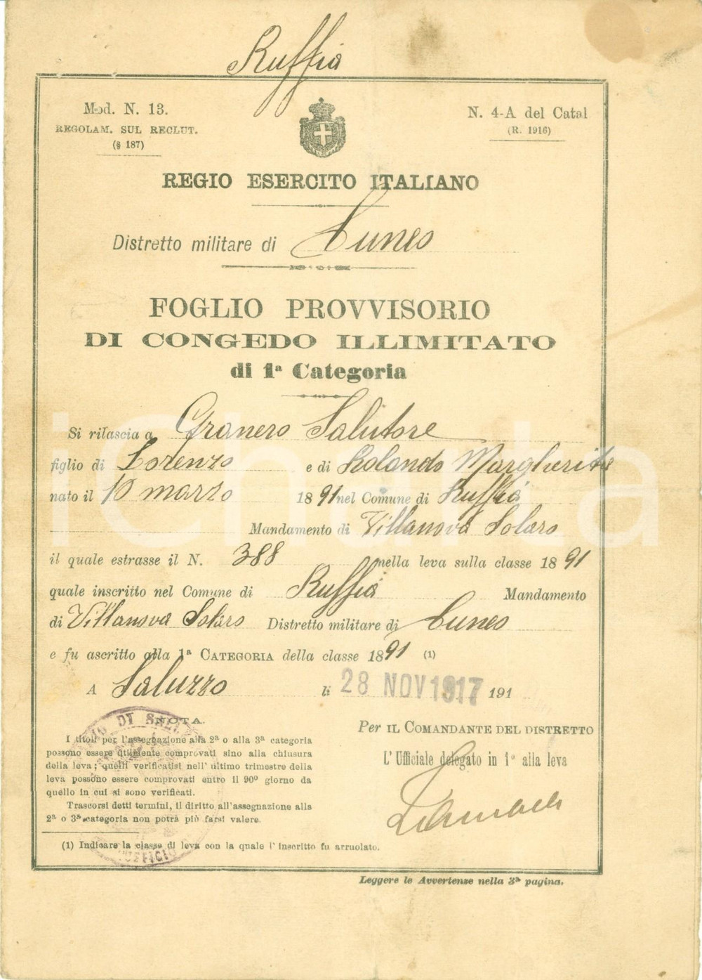 Documento originale, autentico 1917 RUFFIA CN WW1 Congedo illimitato soldato Salvatore GRANERO Documento 1