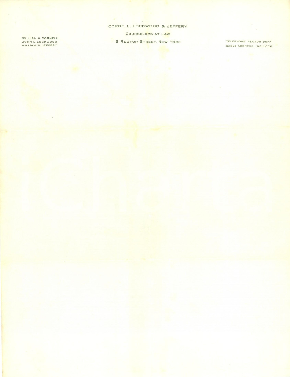 Documento originale, autentico 1915 ca NEW YORK Counselors at Law CORNELL, LOCKWOOD & JEFFERY Carta intestata 1