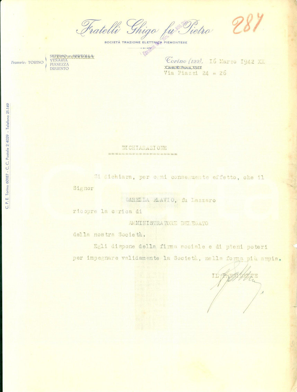 Documento originale, autentico 1942 TORINO Fratelli GHIGO SocietÃ  Trazione Elettrica Piemontese Documento 1