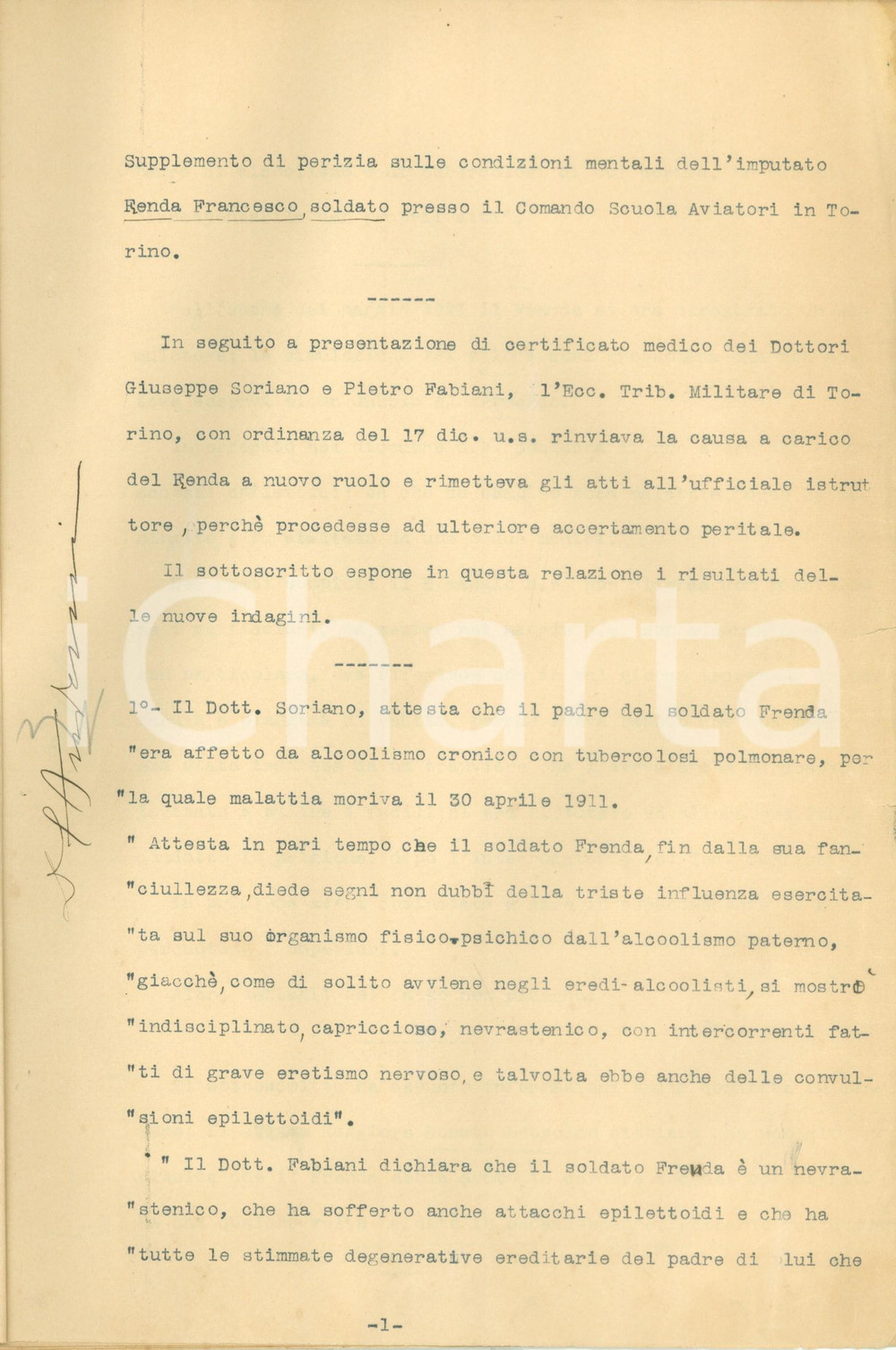 Documento originale, autentico 1922 TORINO Condizioni mentali di Francesco FRENDA aviatore Documento 1
