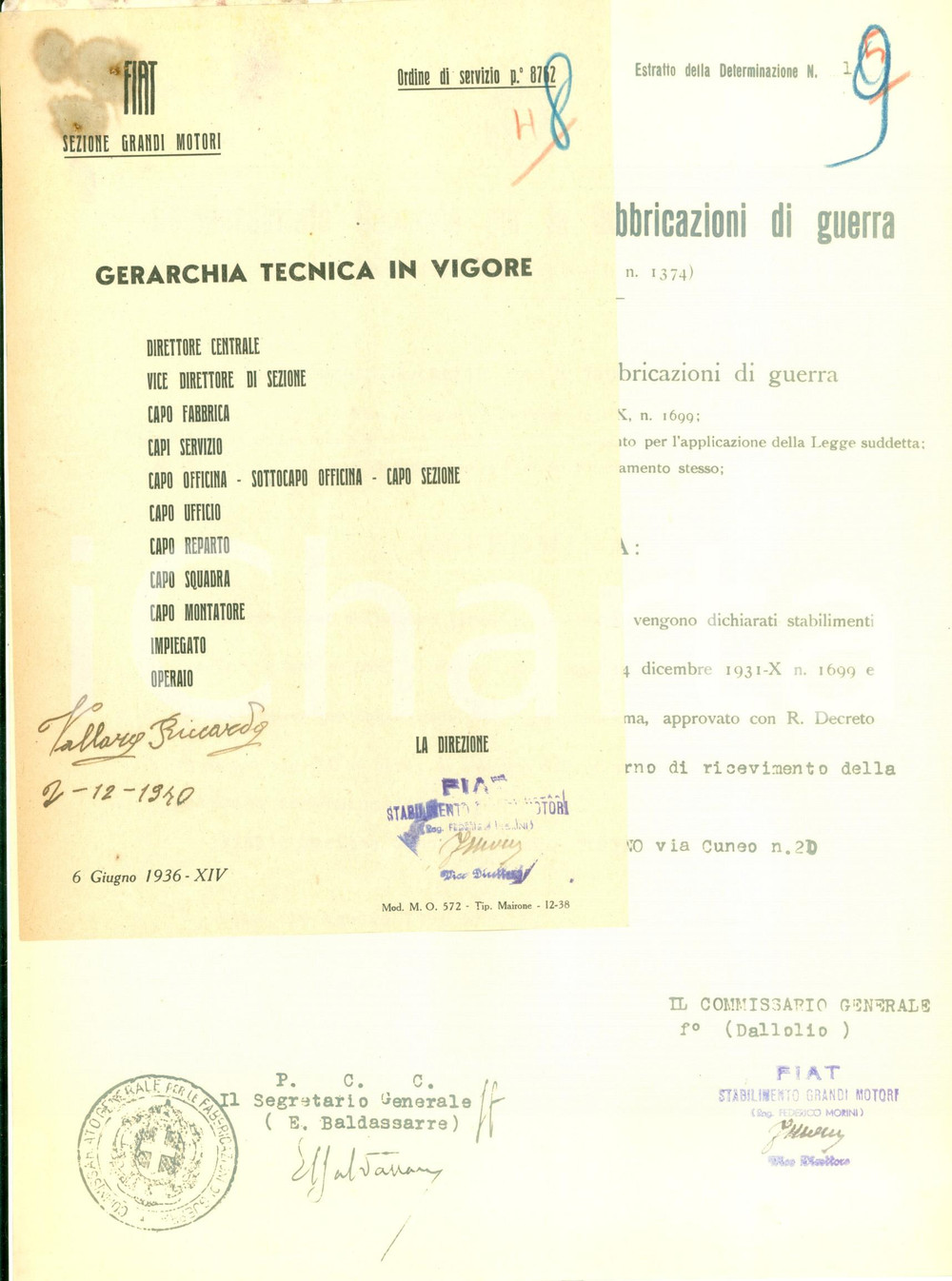 1940 TORINO WW2 Gerarchia FIAT Sezione Grandi Motori durante mobilitazione DATA: 2 dicembre 1940 - WW2LUOGO: TORINO  TITOLO: FIAT - GERARCHIA DELLA SEZIONE GRANDI MOTORI DURANTE LA MOBILITAZIONE  DESCRIZIONE: Documento d'epoca con cui si ribadisce la gerarchia tecnica del 1936 per il periodo della mobilitazione civile.PAGINE: 1 (2 pagine)  DIMENSIONI: cm 21 x 29CONDIZIONI: buone.Documento d'epoca, originale, autentico.   originale e autentica 1