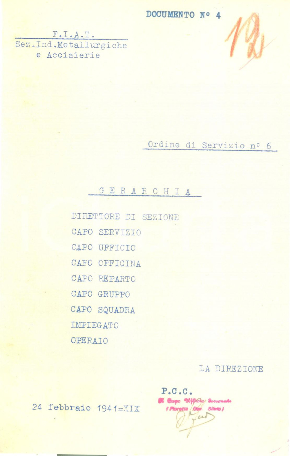Documento originale, autentico 1941 TORINO WW2 Gerarchia FIAT Sezione Industrie Metallurgiche e Acciaierie 1 1