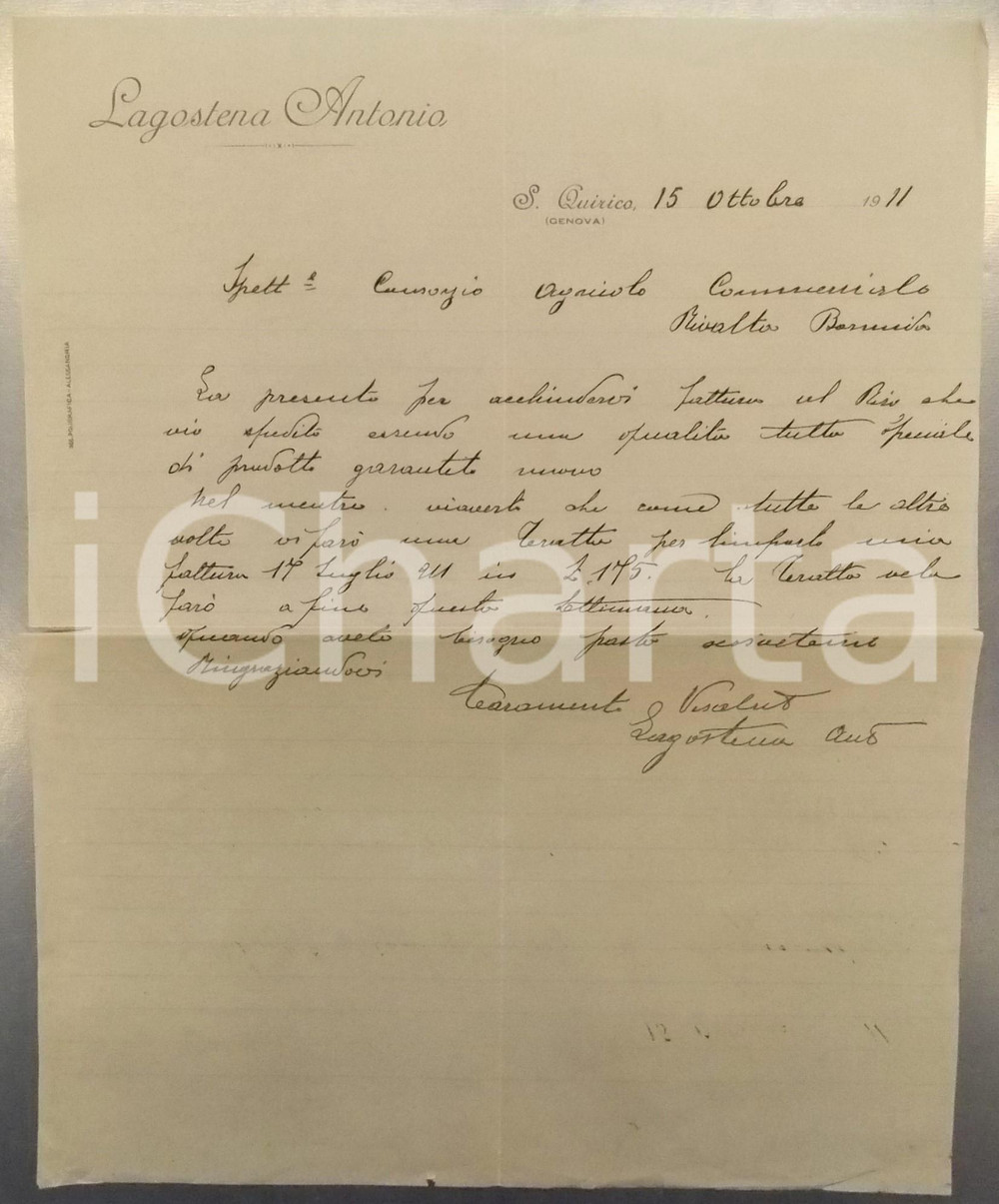 1911 GENOVA SAN QUIRICO Antonio LAGOSTENA invia riso speciale *Lettera