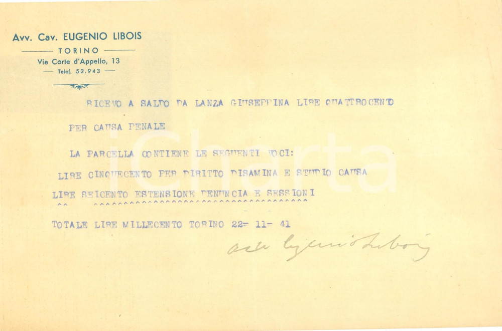 1941 TORINO WW2 Avvocato Eugenio LIBOIS partigiano *Con AUTOGRAFO
