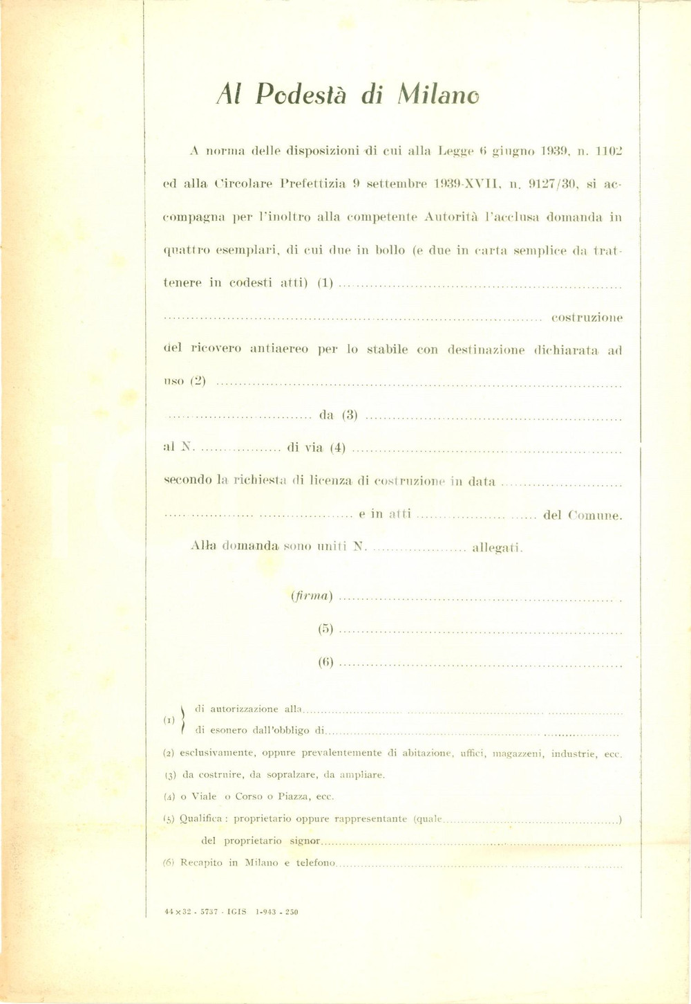 Documento originale, autentico 1943 MILANO WW2 Costruzioni ricovero antiaereo MODULO IN BIANCO 1