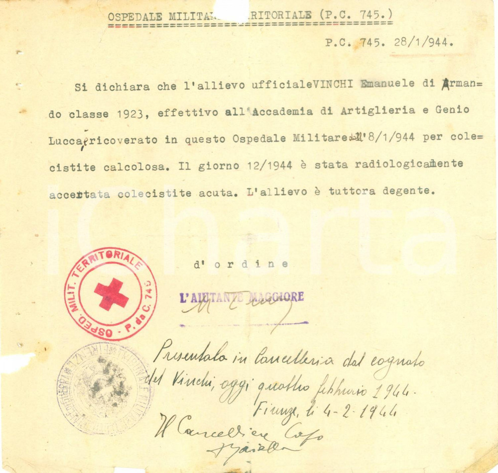 Documento originale, autentico 1944 SIENA WW2 Artigliere Emanuele VINCHI all Ospedale Territoriale Documento 1