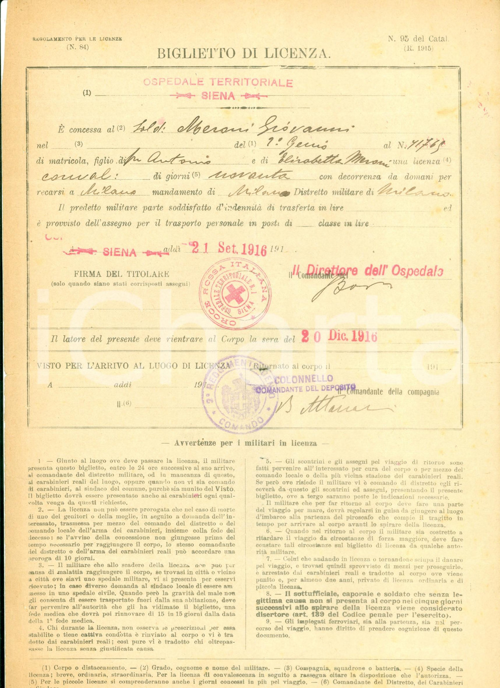 Documento originale, autentico 1916 SIENA WW1 Soldato Giovanni MERONI in licenza per malattia CROCE ROSSA 1