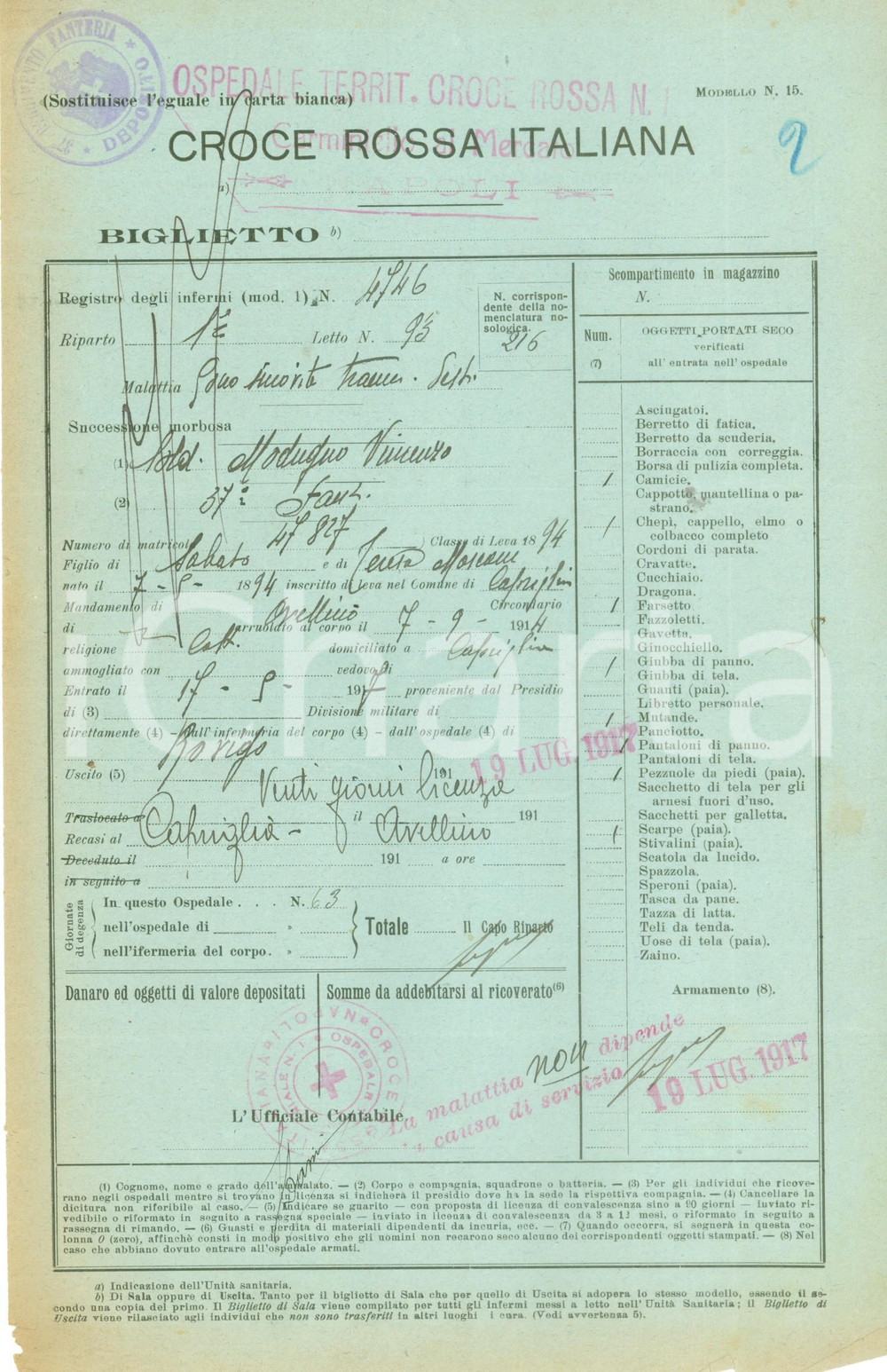 Documento originale, autentico 1917 CAPRIGLIA IRPINA AV WW1 Vincenzo MODUGNO in licenza CROCE ROSSA 1