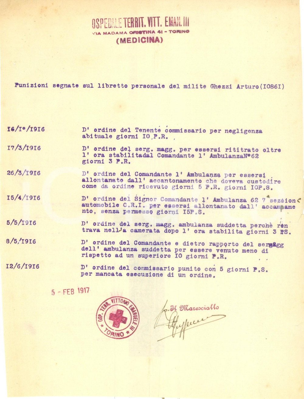 Documento originale, autentico 1916 TORINO WW1 Punizioni soldato Arturo GHEZZI Ospedale VITTORIO EMANUELE III 1