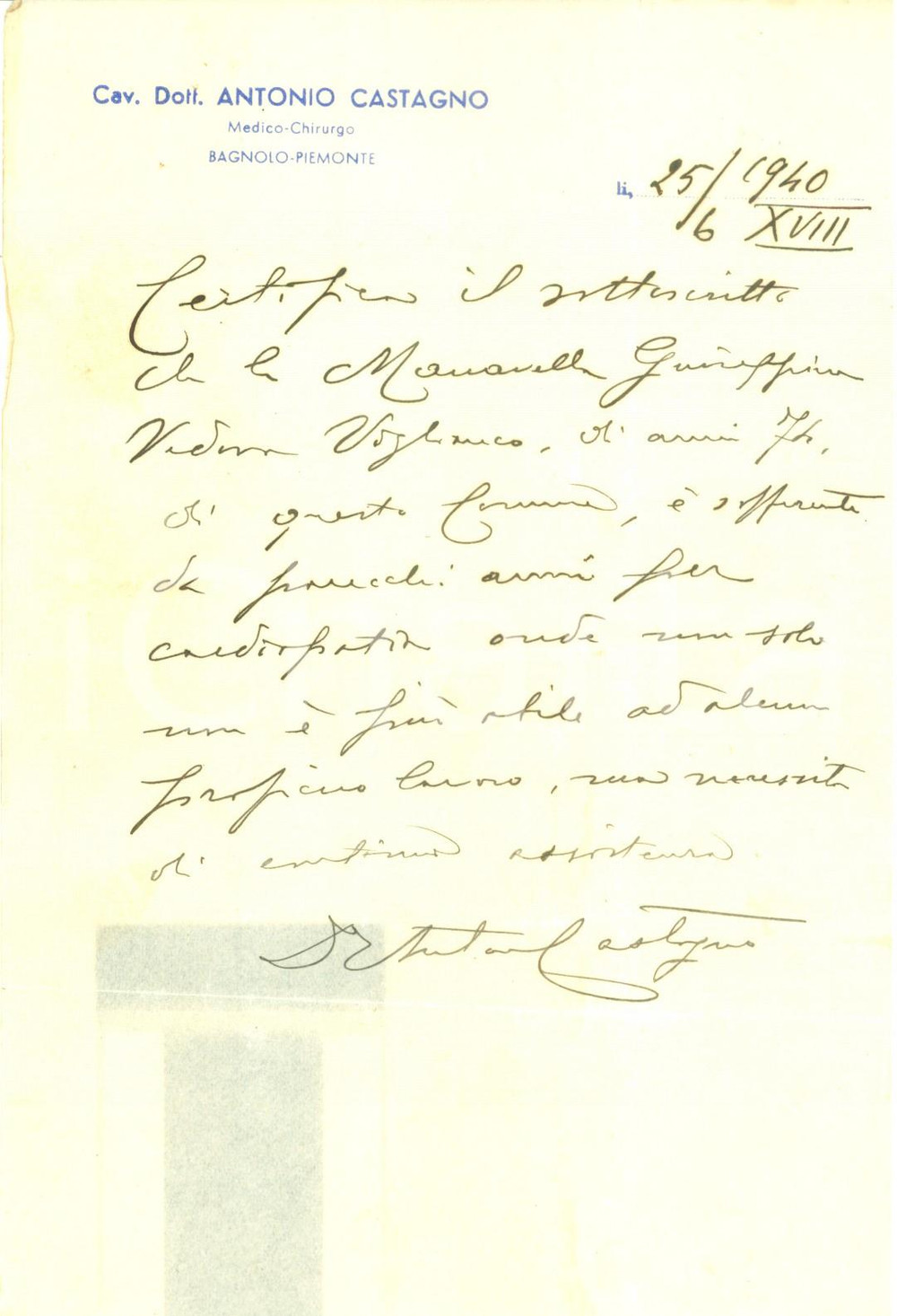 Documento originale, autentico 1940 BAGNOLO PIEMONTE CN Antonio CASTAGNO medicochirurgo Certificato 1