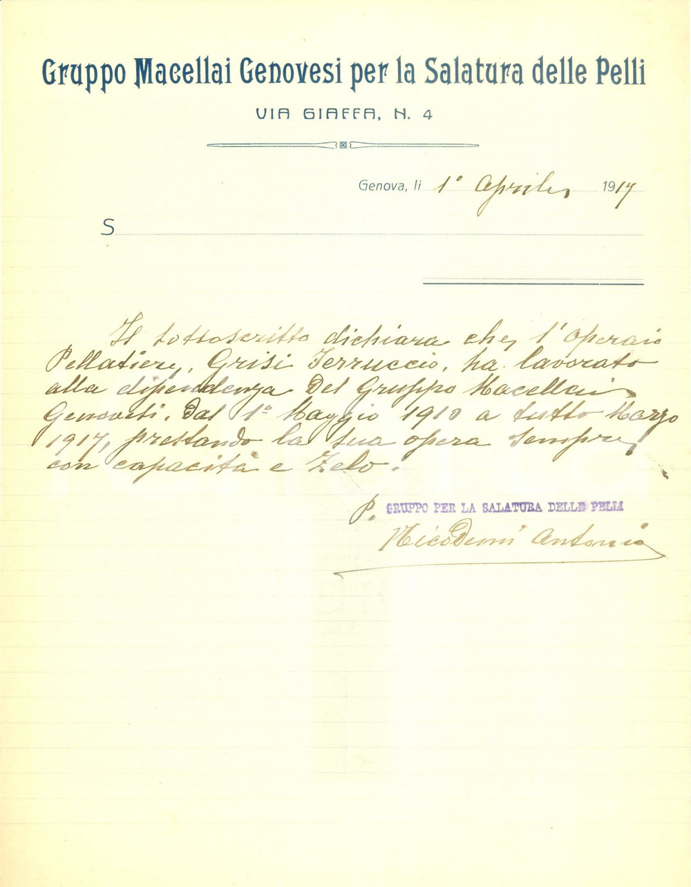 Documento originale, autentico 1917 GENOVA Ferruccio GRISI lavora per Gruppo Macellai Genovesi Salatura Pelli 1