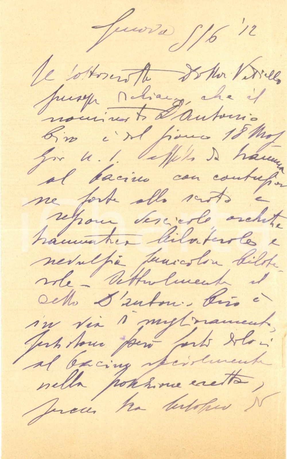 Documento originale, autentico 1912 GENOVA Medico Giuseppe VITIELLO Certificato medico manoscritto 1