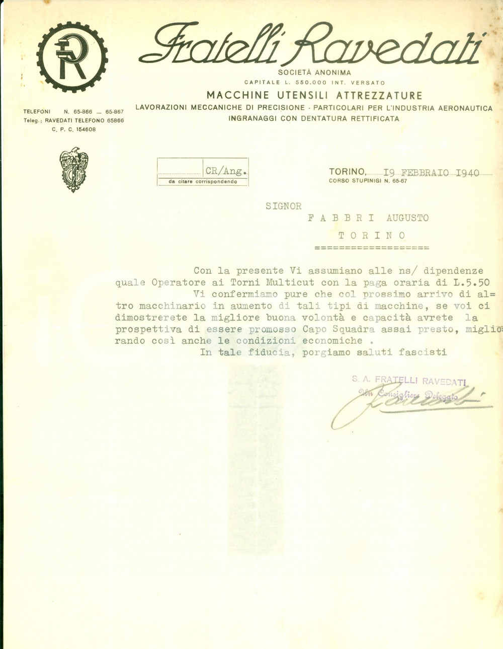 Documento originale, autentico 1940 TORINO Augusto FABBRI assunto dai Fratelli RAVEDATI macchine utensili 1