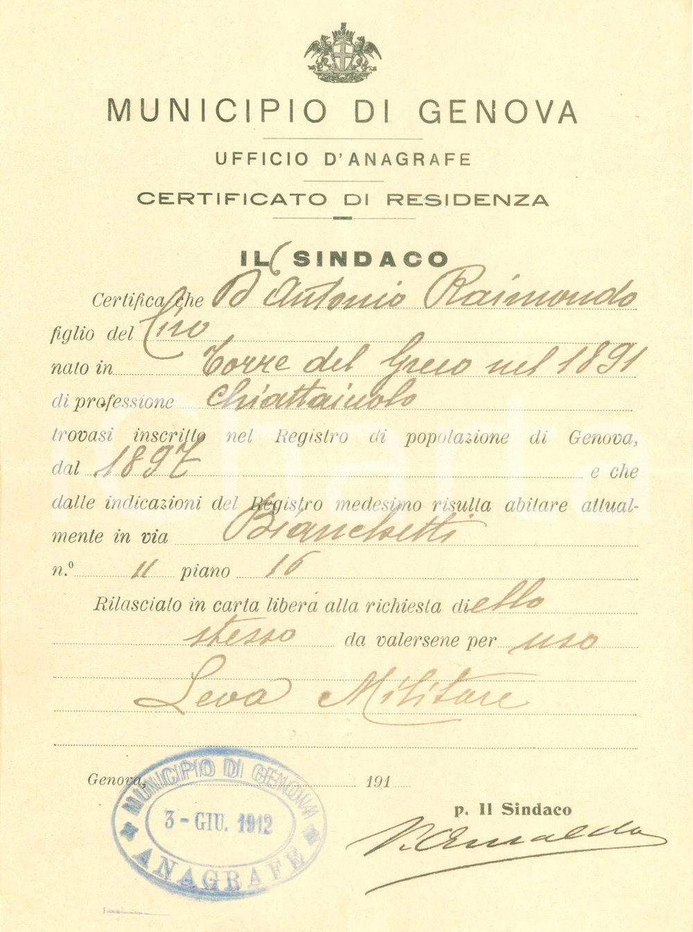 Documento originale, autentico 1912 GENOVA Certificato residenza Raimondo D ANTONIO chiattaiolo TORRE DEL GRECO 1