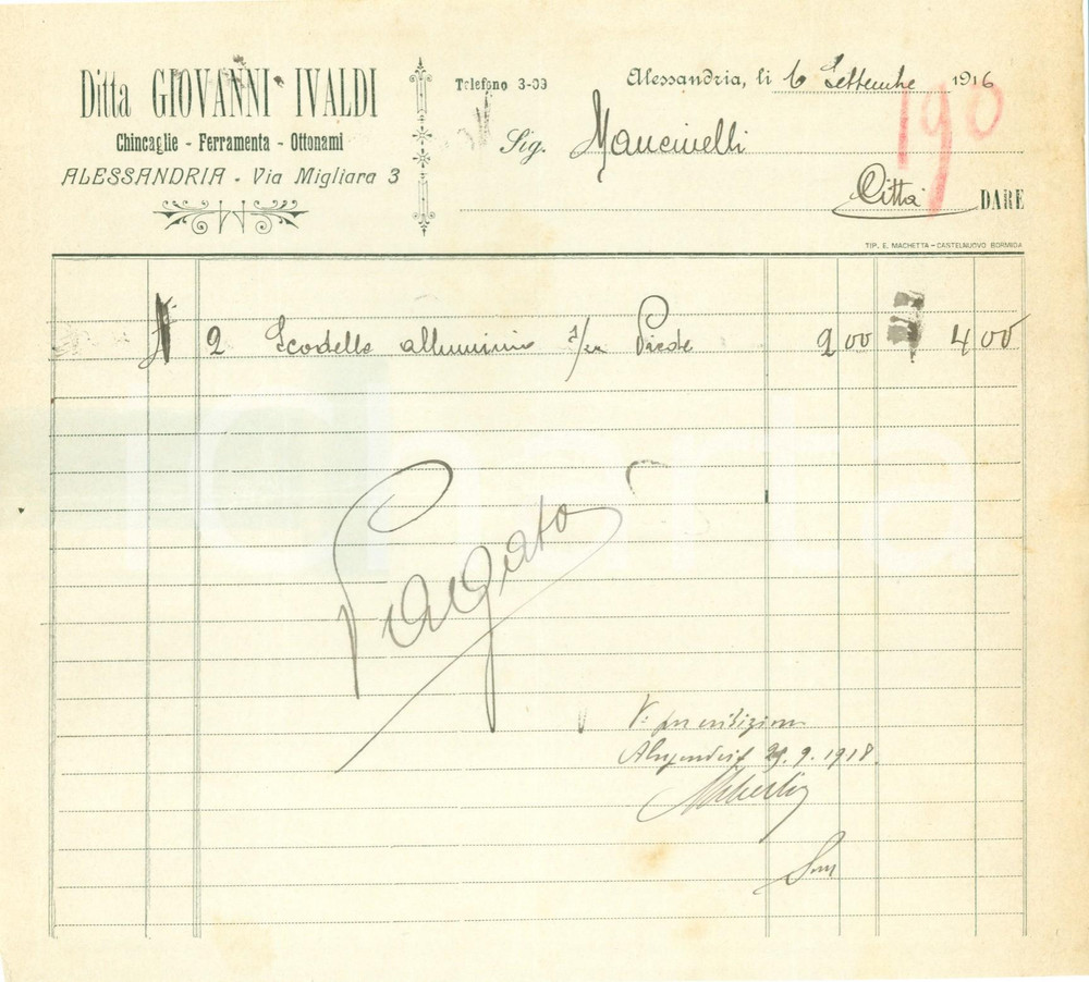 Documento originale, autentico 1916 ALESSANDRIA Ditta Giovanni IVALDI chincaglie ferramenta ottonami Fattura 1