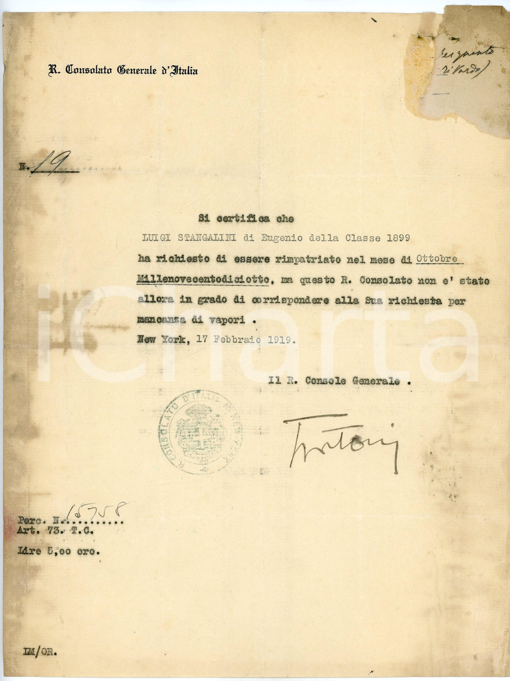 Documento originale, autentico 1919 NEW YORK Console Romolo TRITONJ non puÃ² rimpatriare Luigi STANGALINI 1