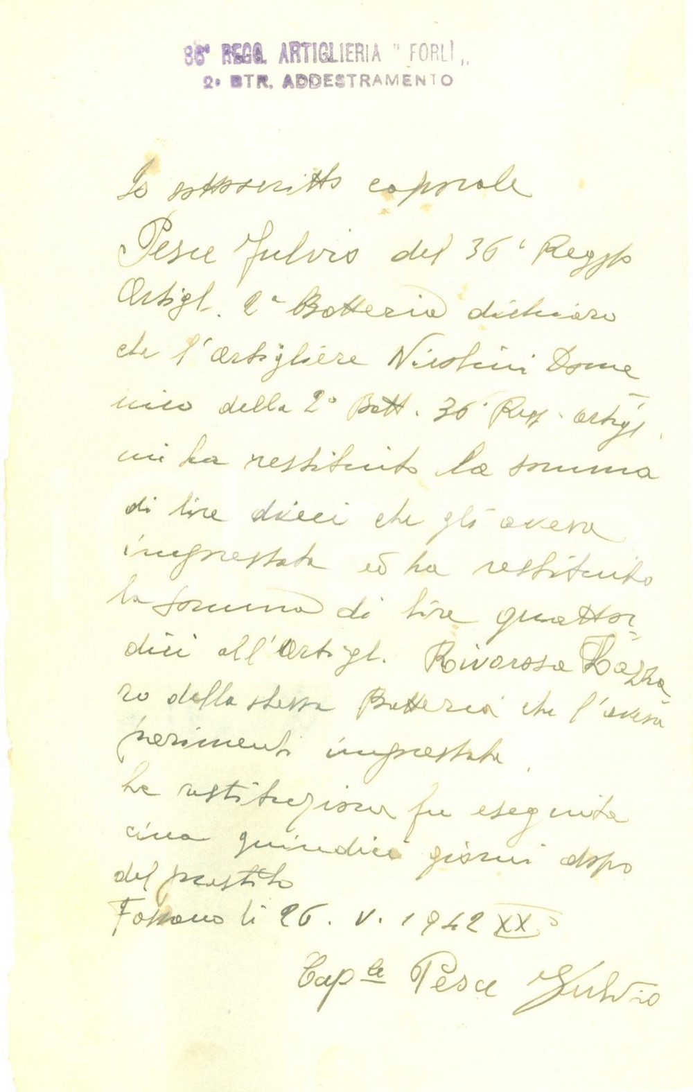 1942 FOSSANO CN WW2 Fulvio PESCE 36° Reggimento Artiglieria FORLI' riceve denaro