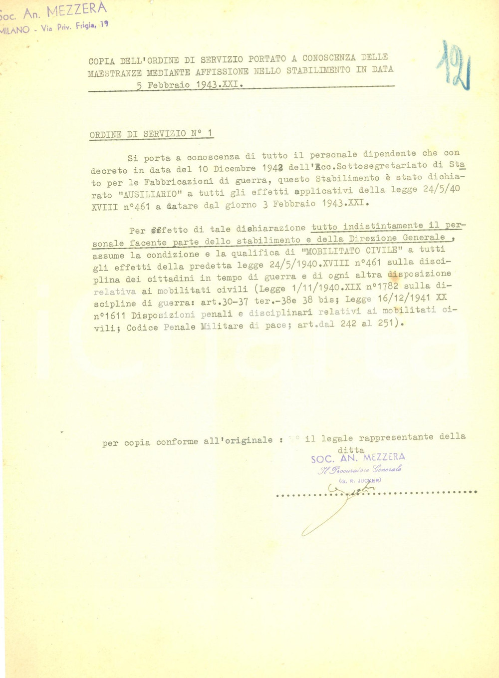 Documento originale, autentico 1943 MILANO WW2 Maestranze SocietÃ  Anonima MEZZERA civilmente mobilitate 1
