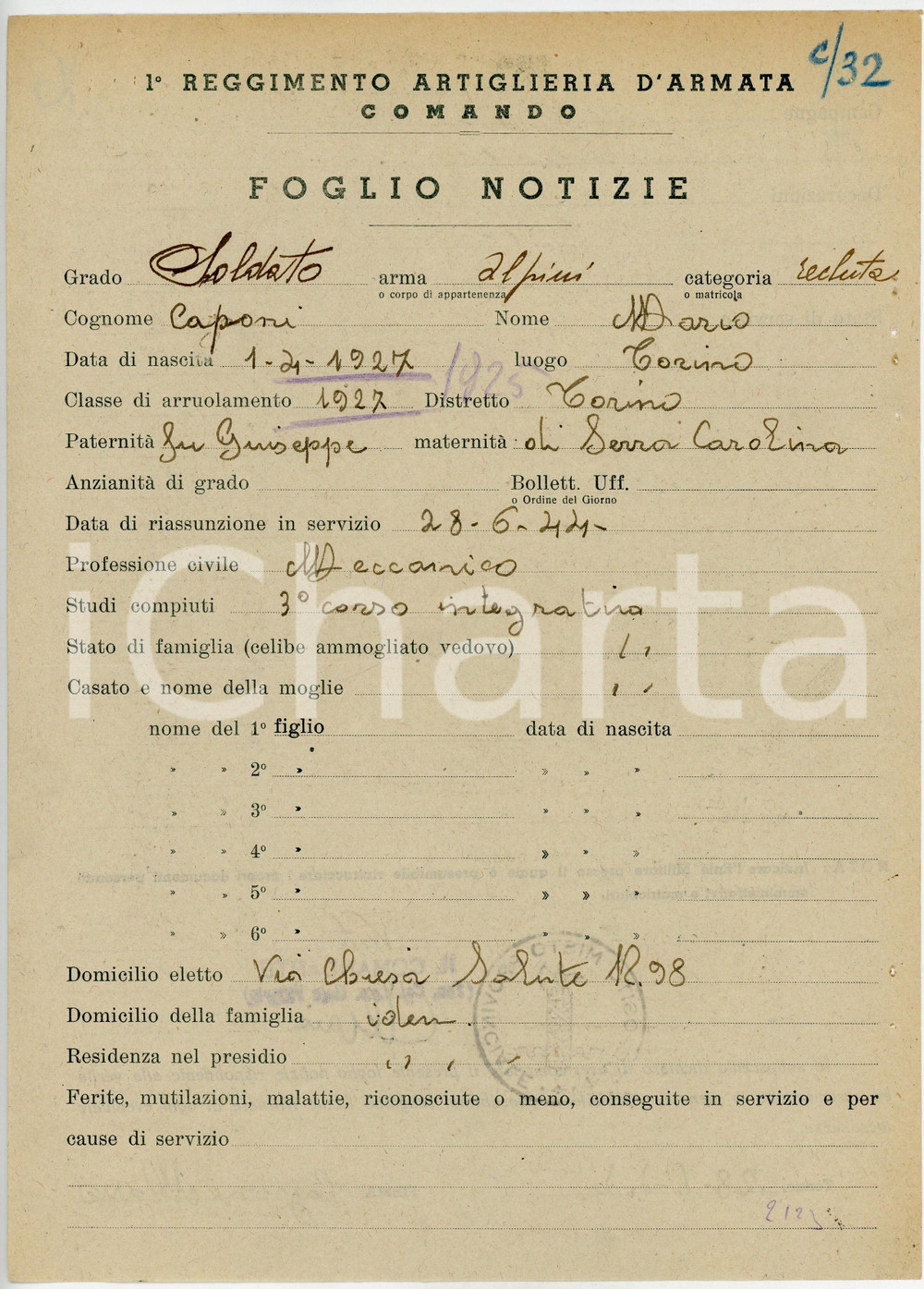 Documento originale, autentico 1944 TORINO WW2 RSI Alpino Mario CAPONI riassunto come recluta meccanico 1