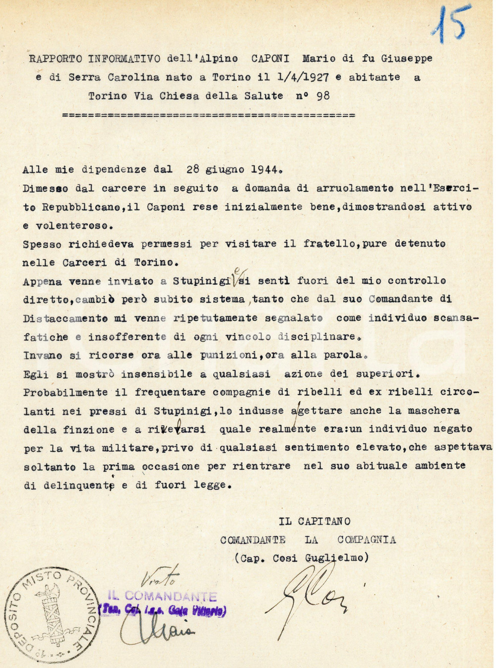 Documento originale, autentico 1944 TORINO WW2 RSI Alpino Mario CAPONI negato per la vita militare a STUPINIGI 1