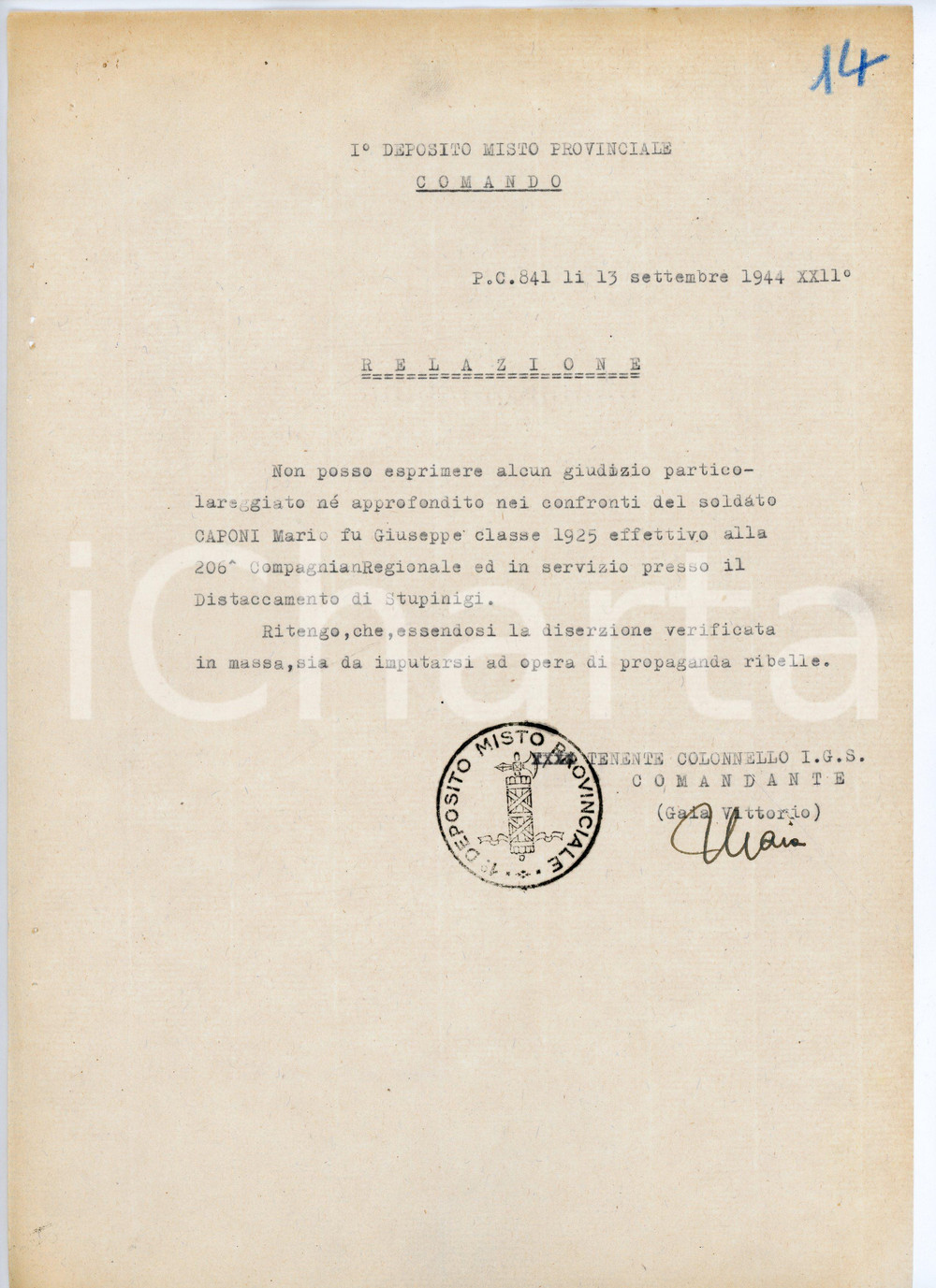 Documento originale, autentico 1944 TORINO WW2 RSI Alpino Mario CAPONI coinvolto in ribellione di massa 1