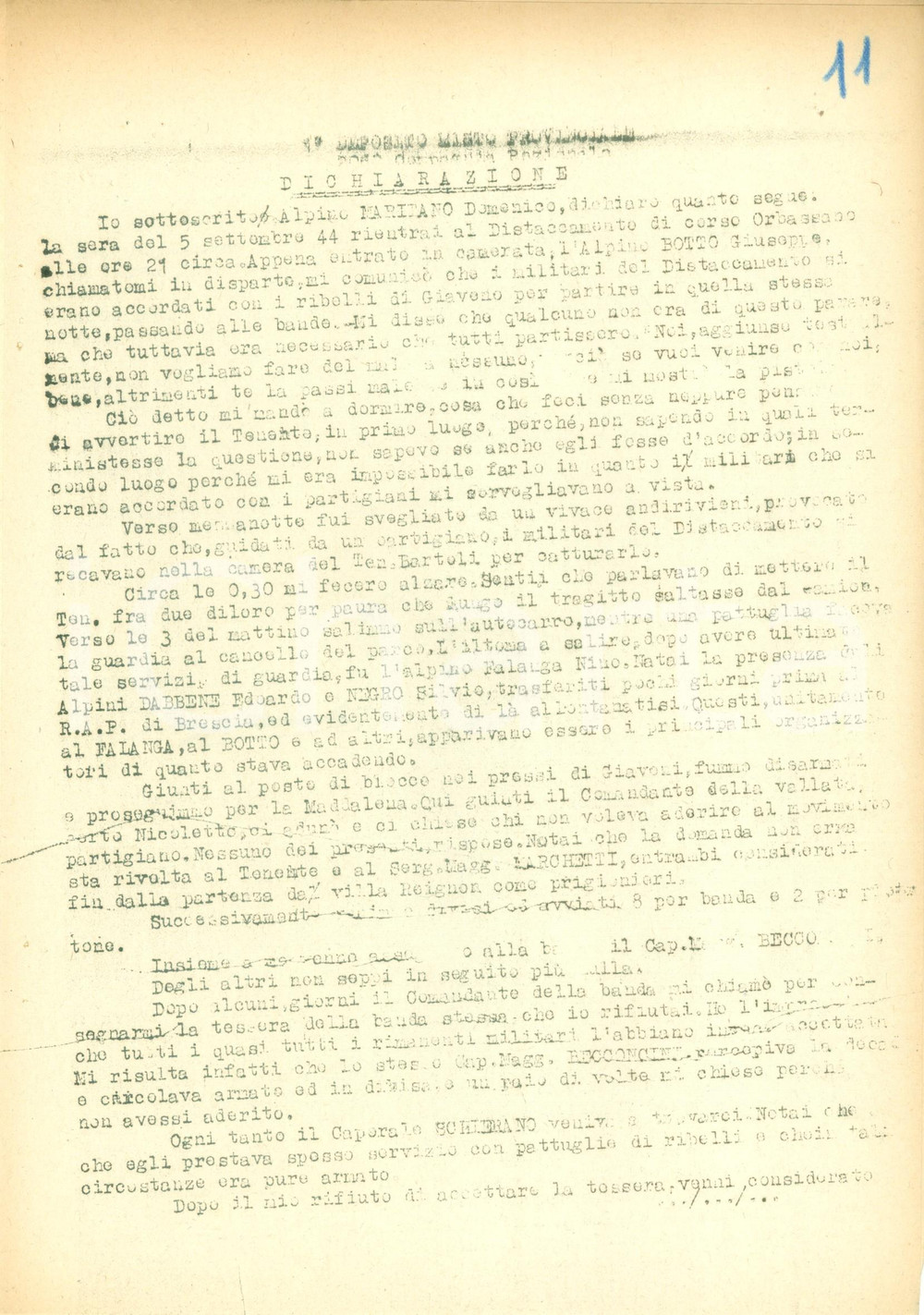 1945 TORINO WW2 RSI Domenico MARITANO su defezione distaccamento Corso ORBASSANO