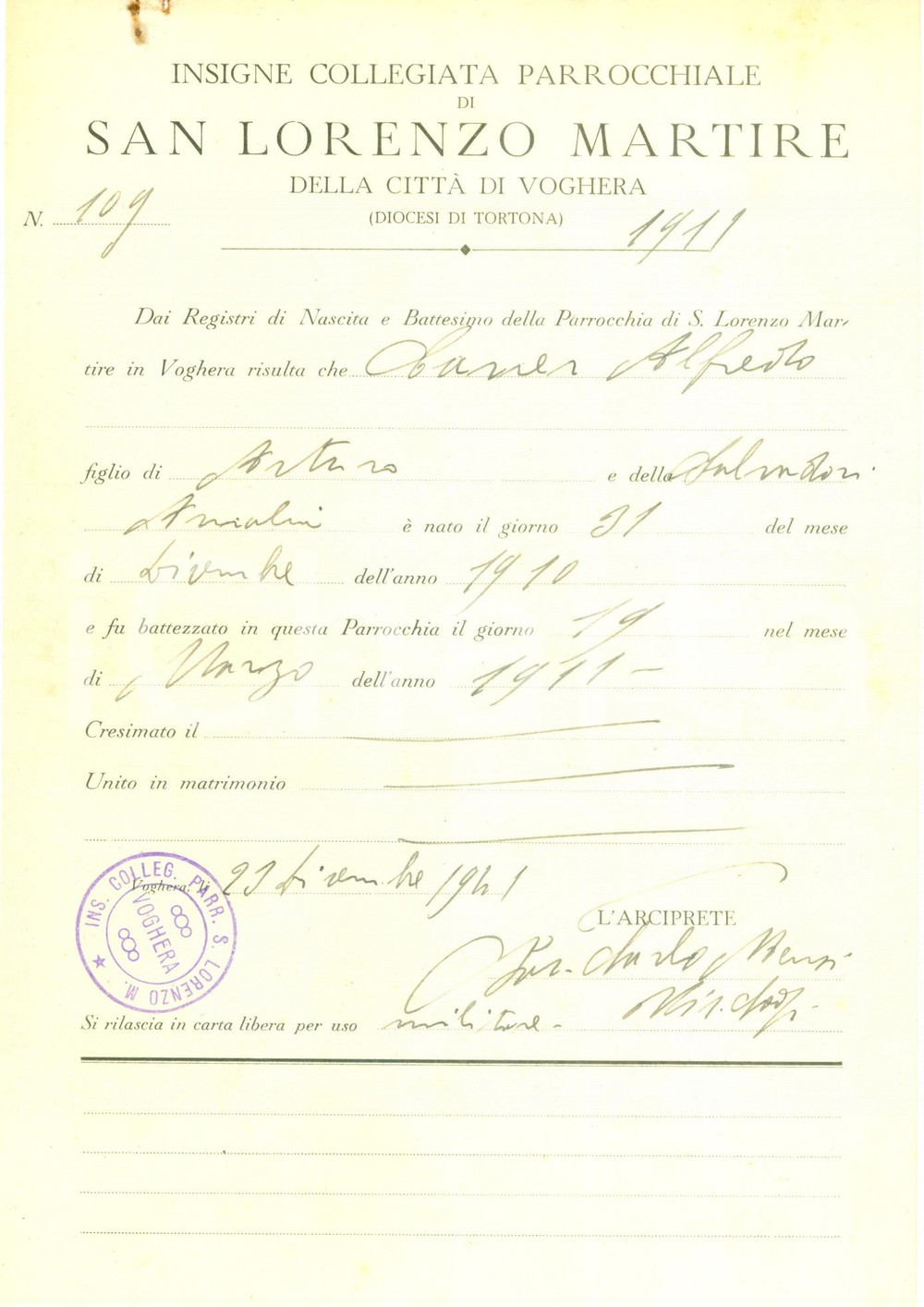 Documento originale, autentico 1941 VOGHERA WW2 Alfredo CARRER battezzato a San Lorenzo Martire Documento 1
