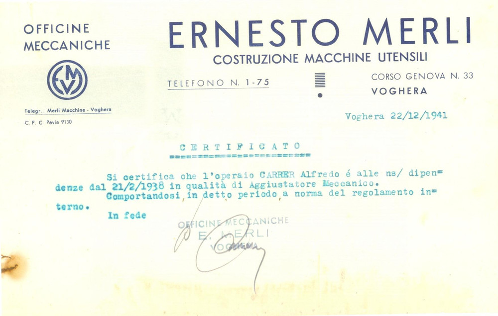 Documento originale, autentico 1941 VOGHERA WW2 Alfredo CARRER dipendente della Macchine utensili Ernesto MERLI 1