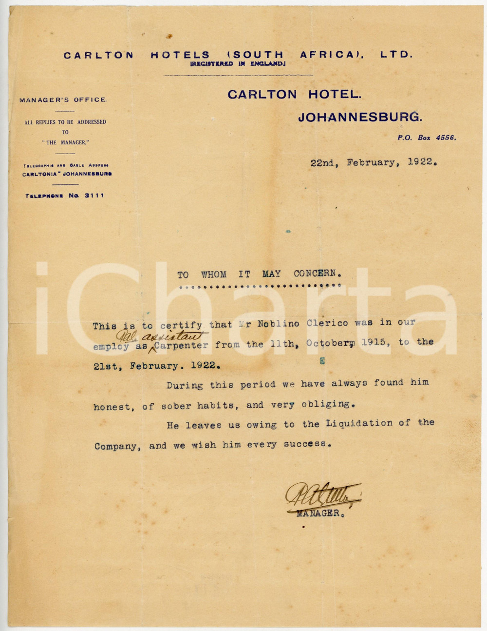 Documento originale, autentico 1922 JOHANNESBURG SOUTH AFRICA Referenze Carlton Hotel al carpentiere Noblino 1