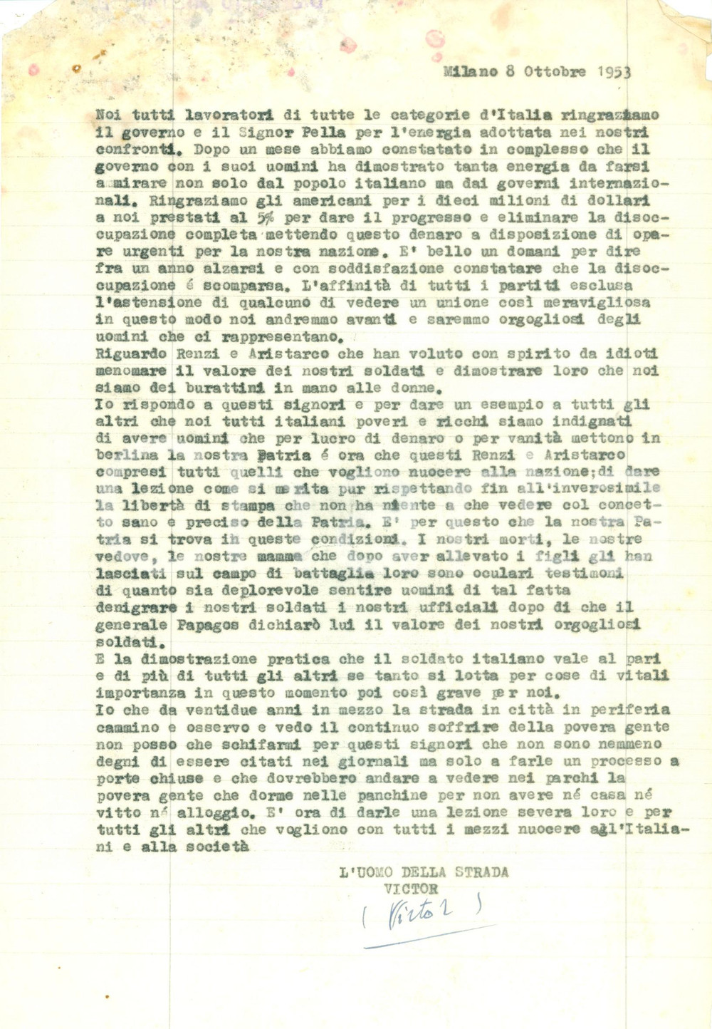 Manoscritto, lettera originale 1953 MILANO Renzo RENZI Guido ARISTARCO mettono in berlina l ITALIA Lettera 1