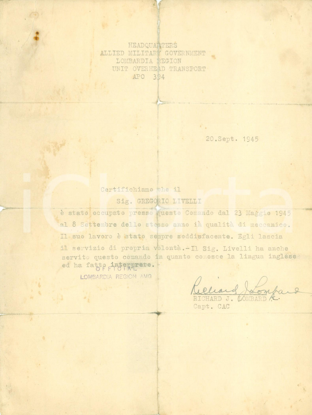 Documento originale, autentico 1945 MILANO AMG Gregorio LIVELLI interprete dell Allied Military Government 1