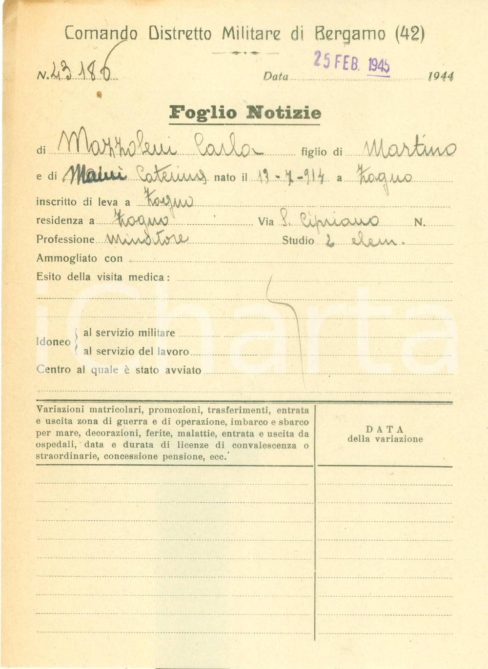 Documento originale, autentico 1945 ZOGNO BG RSI Carlo MAZZOLENI minatore Distretto Militare BERGAMO 1
