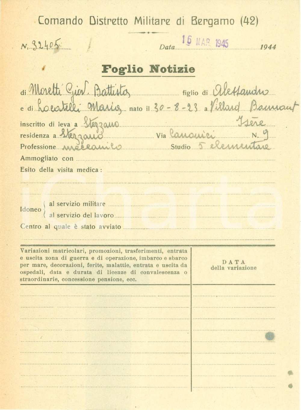 Documento originale, autentico 1945 STEZZANO RSI Giovanni Battista MORETTI meccanico Distretto Militare BERGAMO 1