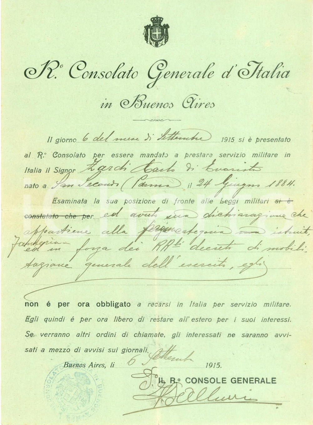 Documento originale, autentico 1915 BUENOS AIRES ARGENTINA WW1 Carlo ZARDI di SAN SECONDO esonerato da guerra 1