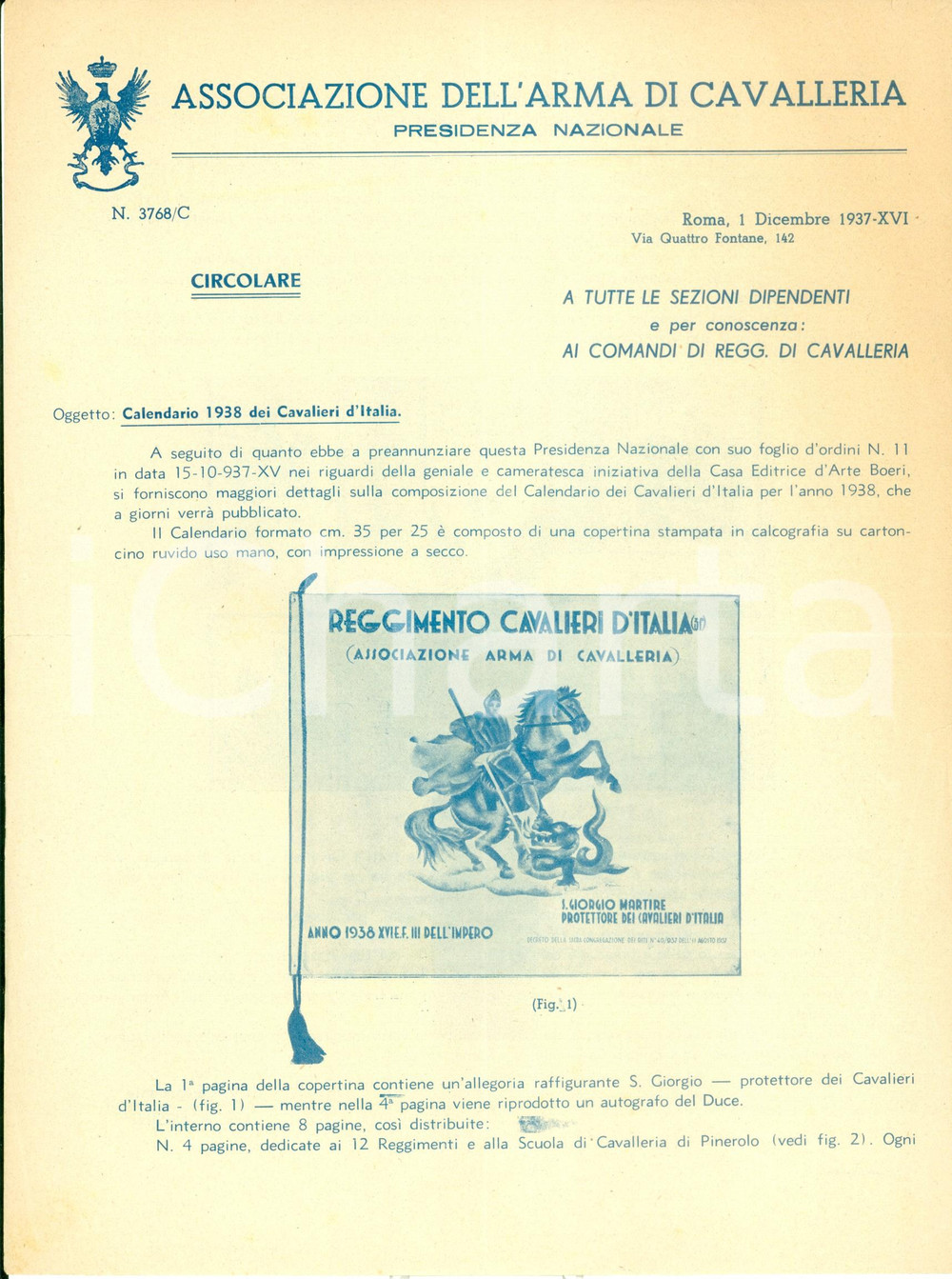 1937 ROMA Associazione Arma Cavalleria annuncia nuovo calendario artistico BOERI
